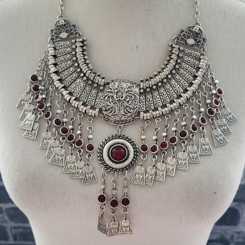 Silver-Tone Boho Statement Necklace with Red Accents